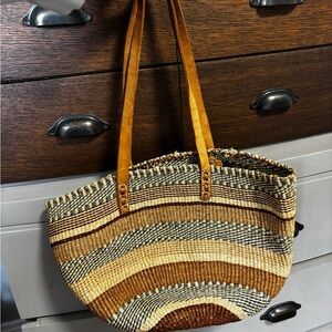 Striped Woven Tote Bag leather
